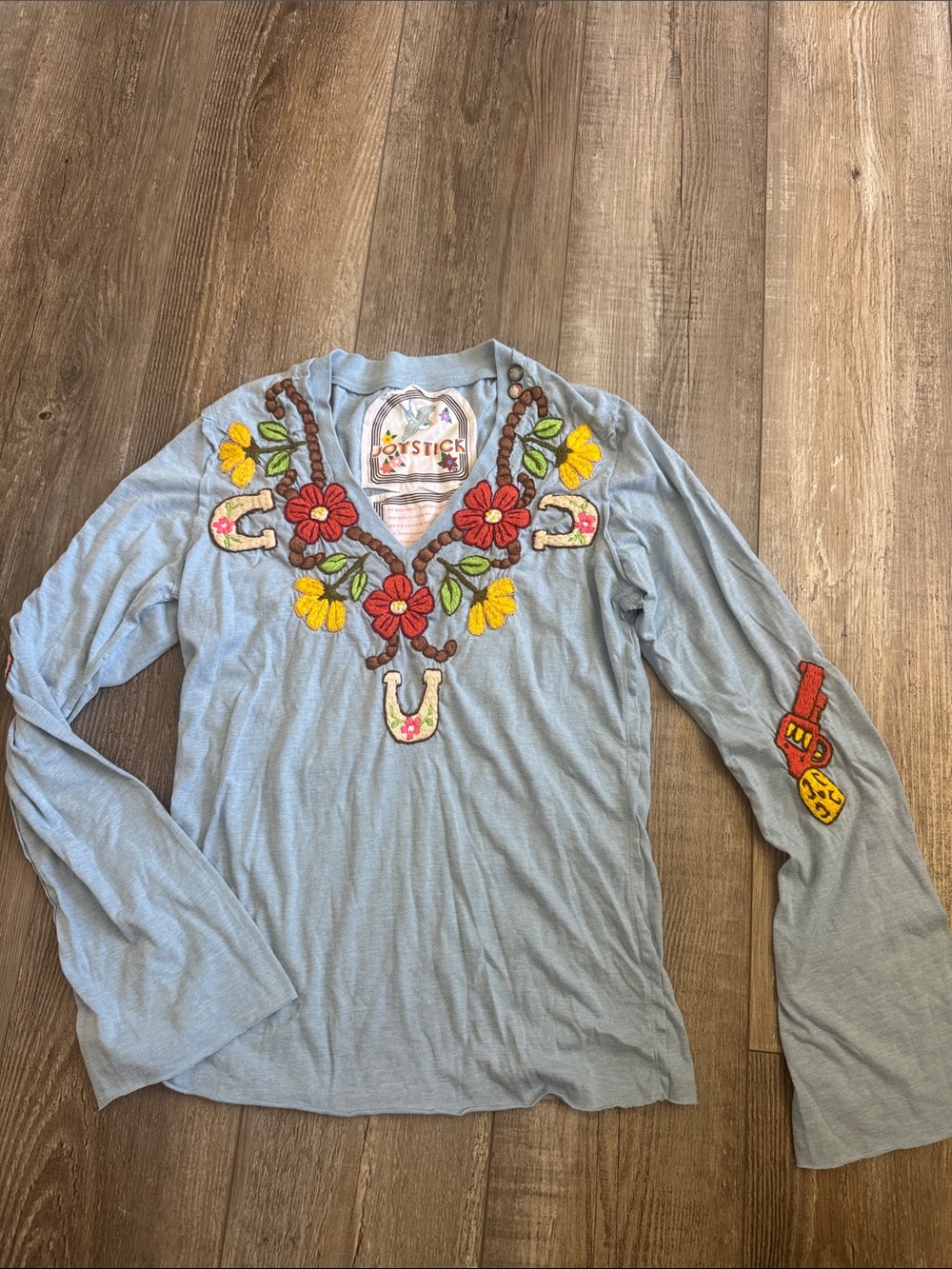Johnny Was Light Blue Embroidered V-Neck Long Sleeve Top